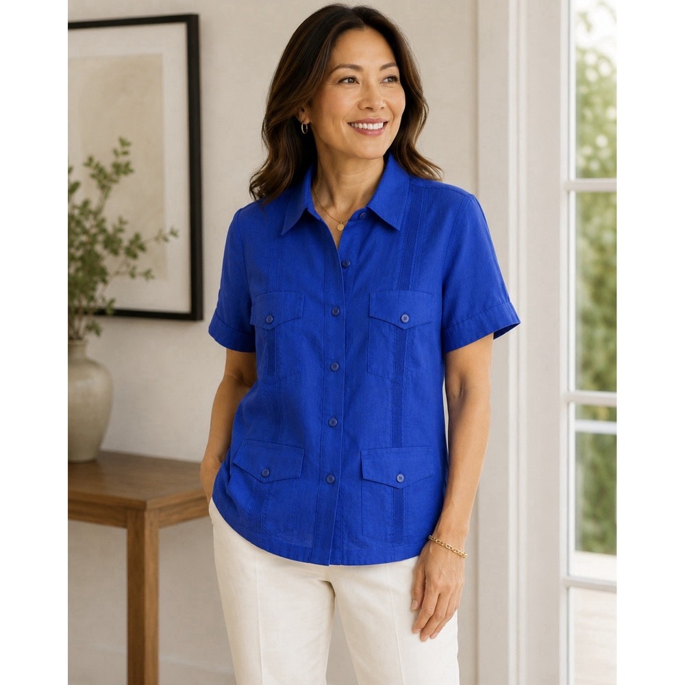 Mojito Lady 100% Linen Guayabera Cabana Shirt Women's Small Blue Short Sleeve